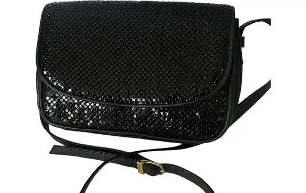 Whiting & Davis Black Leather Black Brass Circle Flat Mesh Crossbody Bag