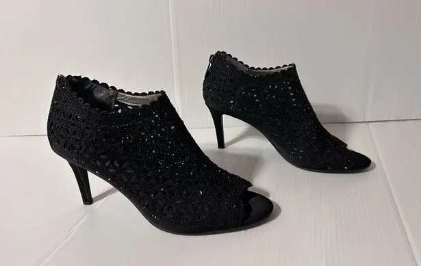 J. Rene Radita Satin Rhinestone peep top shooties heel shoe women size 9 M Black