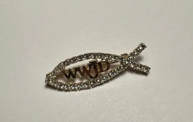 WWJD Christian Fish Symbol Rhinestone Brooch Pin Gold Tone Metal