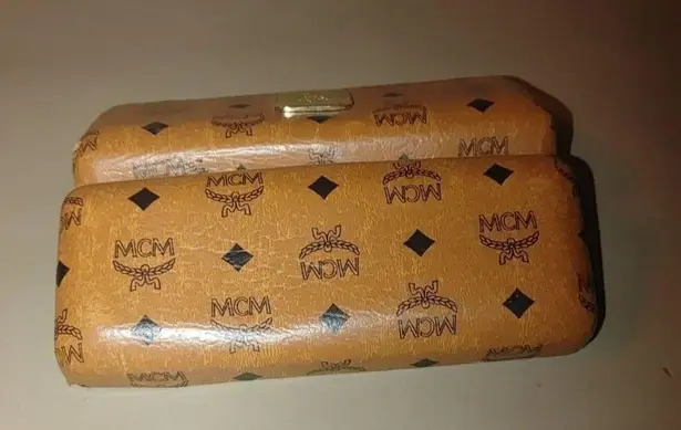 MCM Munchen Vintage Camel Brown Monogram Eyeglass Case Hard Shell 6x3x2 Leather