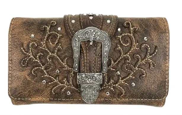 Classic Western Buckle Crossbody Trifold Wallet Brown