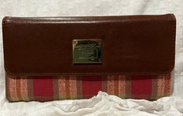 Longaberger Homestead Brown Leather Wallet with a Red Plaid Flap snap closure