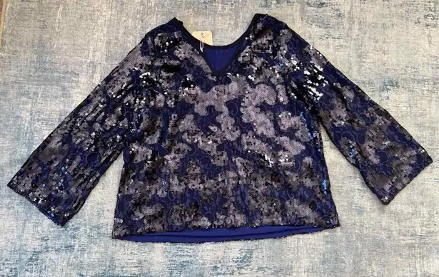 La Bellum Hilary Scott Indigo Sequin Lace Tie Neck Blouse 2x