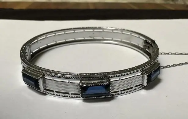 Pacific&Co Vintage Signed NuWite R&G . Art Deco Hinged Bangle Bracelet Safety Chain Blue