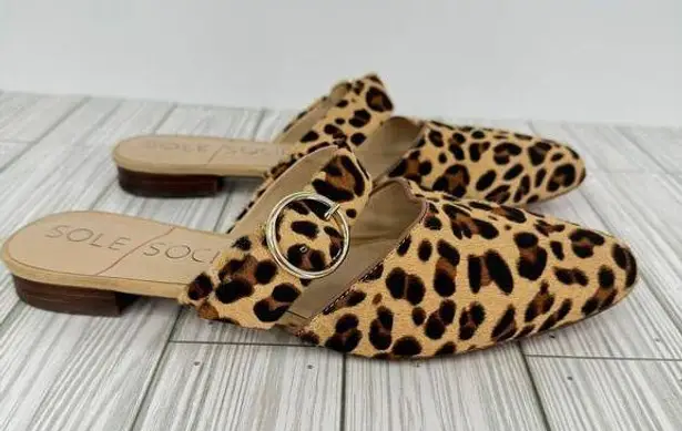 Sole Society  Pravar sandals women's size 8 cow fur leopard print buckle mules