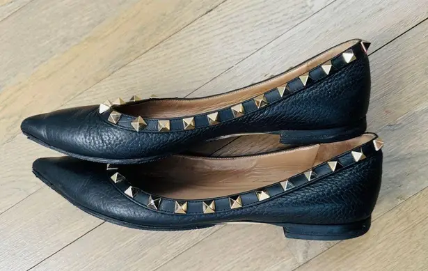 Valentino Garavani Rockstud Ballet Pointed Toe Flats Black Grained Leather US 7