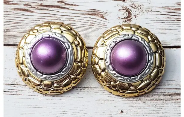 Vintage Clip On Earrings Large Statement Gold Tone, Silver Tone, Metallic Purple
