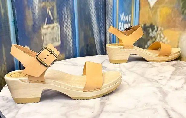 No.6 Two Strap Clog Mid Heel Leather Sandals Desert Nude 41 GUC Tan Size 10