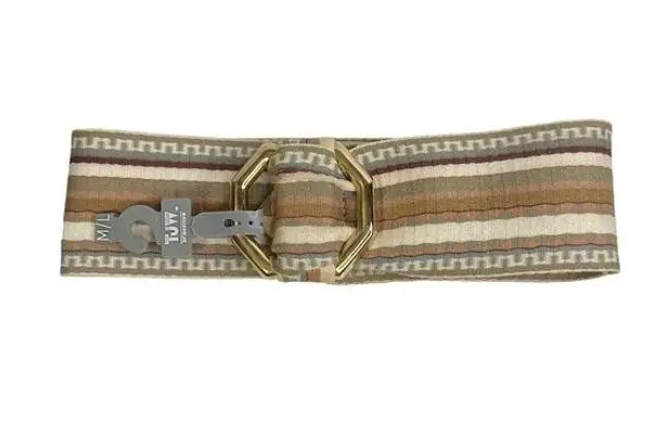 Vintage TJW by Mervyn’s Striped Wide Fabric Gold Octagon Buckle Belt Tan
