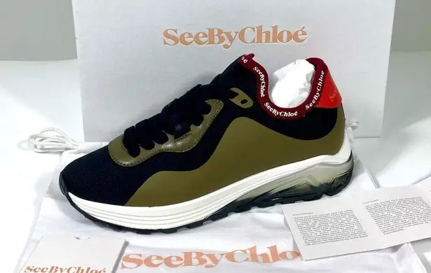 See By Chloe Brett Knitted Low Top Sneakers Black Green 37 NEW