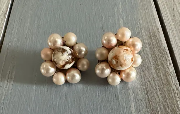 Gorgeous Vintage Beaded Cluster Clip On Earrings Mauve Pink Beads Signed Japan