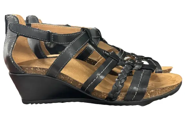 Earth Origins Kendall Wedge Sandals Braided Straps Comfort Black Zip 9.5M