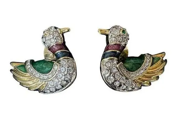 Vtg Earrings Mallard Duck Bird Jadeite Rhinestones Clip Back 1 3/8" Gold