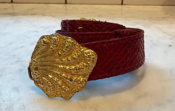 Alexis Kirk Snakeskin Leather Belt Gold Ornate Buckle Red Adjustable Size