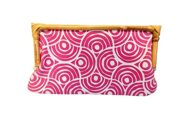 Vintage Donna Dixon Bamboo Frame Clutch Pink Mod Circle Print