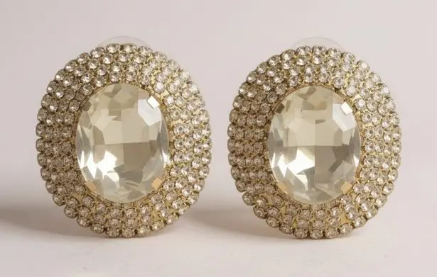 Glamorous Oval Gemstone Stud Earrings Gold Tone Rhinestone Accent Women