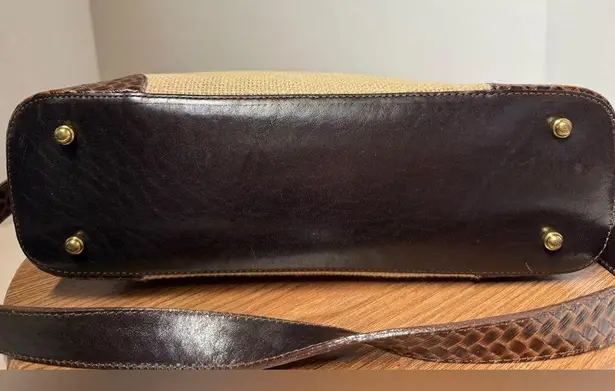 Brahmin Vintage Large Cream Woven Canvas Brown Leather Shoulder Handbag Purse