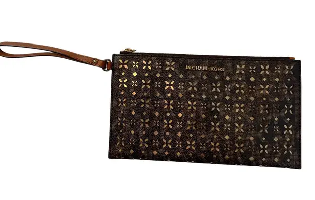 Michael Kors Jet Set Travel Wristlet Brown Cutout Gold PVC Clutch Bag