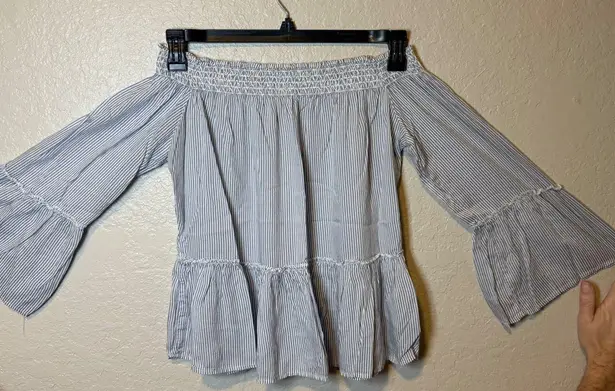 Girl Krazy Blue Striped Off Shoulder Bell Sleeve Top Womens Size M Medium