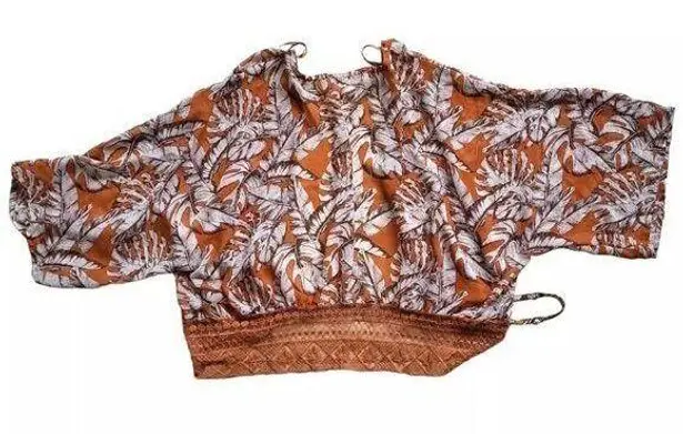 Timing  Blouse Womens XL Orange Plant Print Wide Arm Waist Tie Lace Top Boho