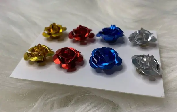 4 Large Metallic Rose Metal Stud Earrings Flawed Gold