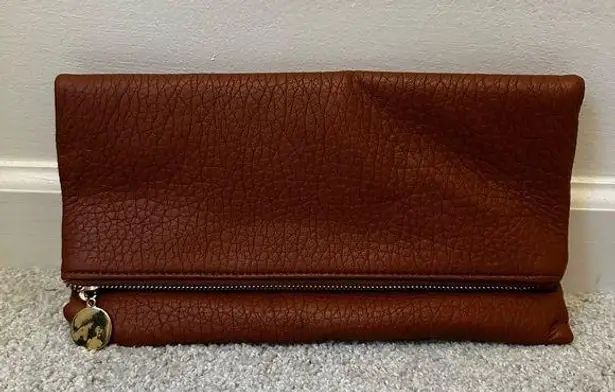 Lulus Brown Leather Foldover Hand Clutch Women’s bag w/ gold chain strap