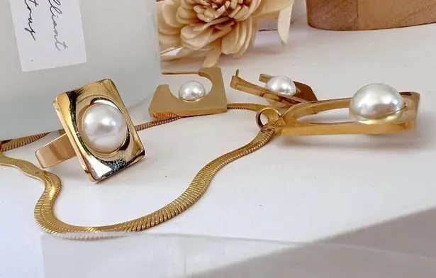 18K Gold Plated Pearl chunky Necklace SET Stainless Steel Womens Jewelry