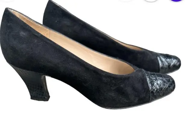 Bruno Magli Black Suede Alligator Heel Tip Pumps Made in Italy Size 7 1/2