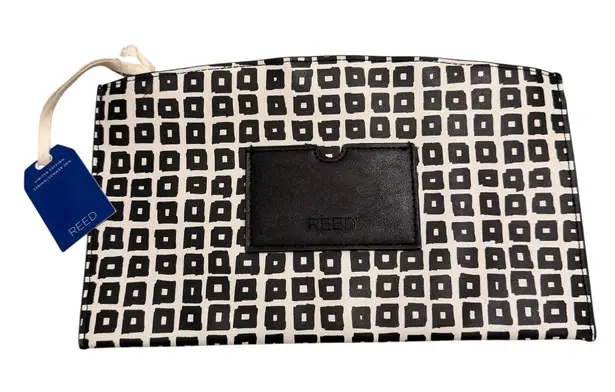 REED Zip Top Clutch Pouch Black White Geometric Square Print Travel Casual NWT
