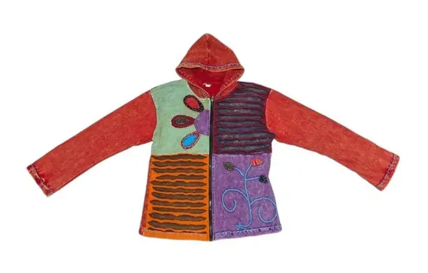 Vintage Y2K Rising International Hippie Patchwork Jacket Hooded Orange Floral Size XL