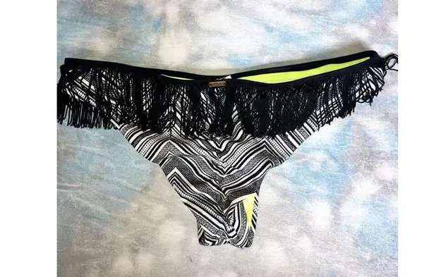 Beach Bunny Crossroads Fringe Cheeky Scrunch Bikini Bottom Black White Size XL