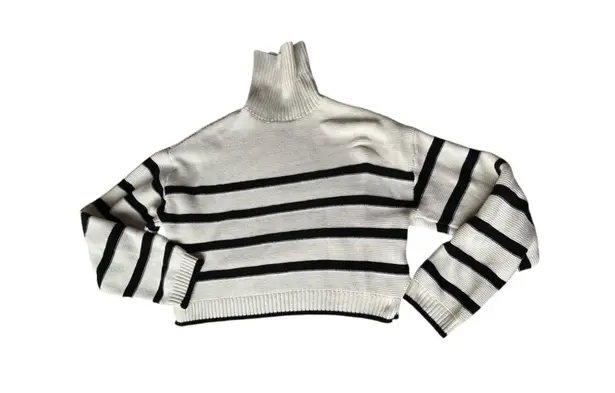 Dynamite Cropped Turtleneck Sweater Striped Snow White with Black Stripes XS