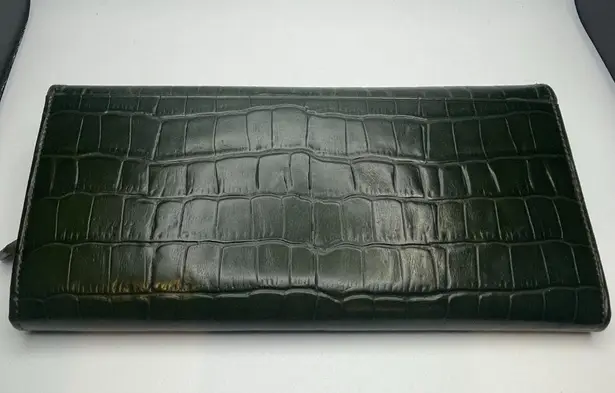 YSL Yves Saint Laurent Dark Green Crocodile Embossed Leather Long Wallet - Preowned
