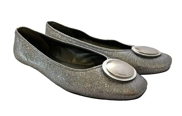 Hogan Silver Leather Wrap Metal Disc Ballet Flats
