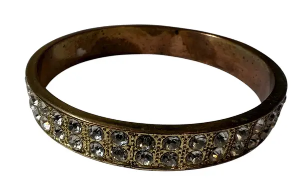 Gold Tone Bangle Bracelet Clear Crystal Rhinestone Double Row Statement Fashion