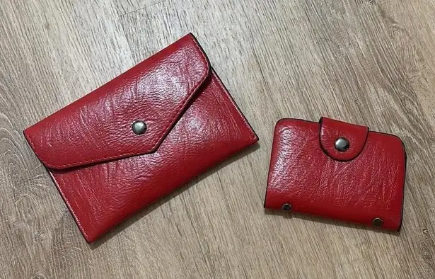 Red Textured Faux Leather Snap Closure Wallet and Card Holder, Two Piece Set, OS