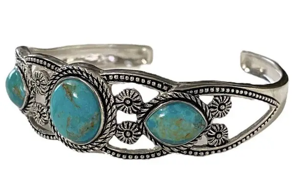 Stauer Triple Turquoise Cuff Open Bangle Silver Bracelet thumbnail 6