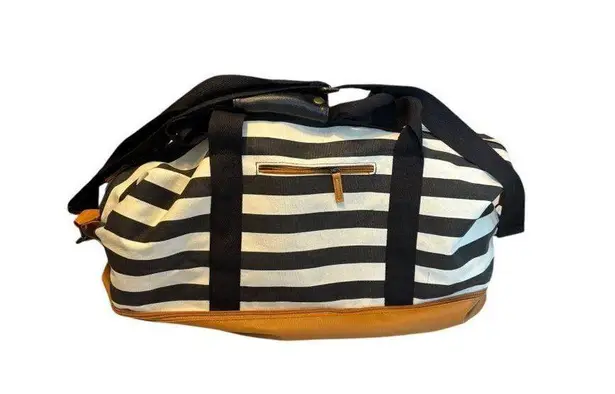 DSW Striped Canvas & Faux Leather Weekend Duffle Bag With Zipper Pocket