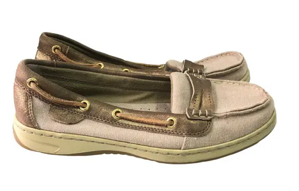 Sperry Top Sider Shoes Womens Size 7 M Beige GOLD Metallic Tan Boat Deck Loafers