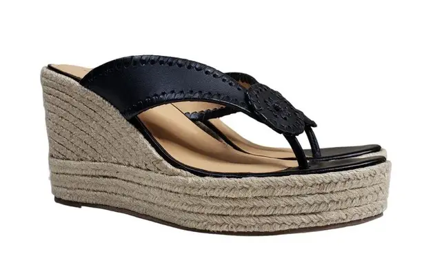 Jack Rogers  Rowan Platform Espadrille Leather Wedge Sandal in Black NEW