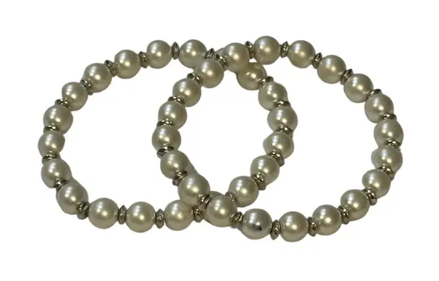 Pearl Bead Stretch Bracelet White 7" Woman' (2 Pack) Silver
