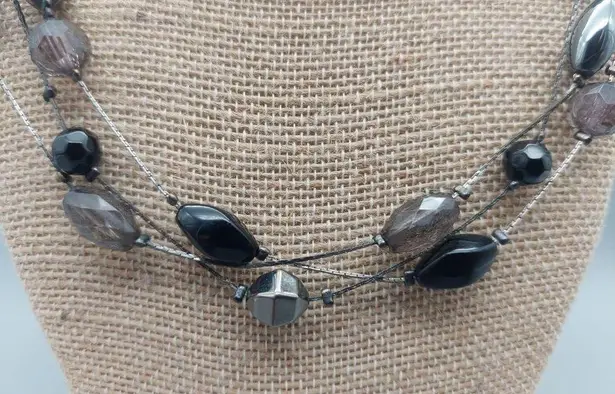 Premier Designs Gun Metal & Black Bead Collar Necklace Multi Strand Chain 20"