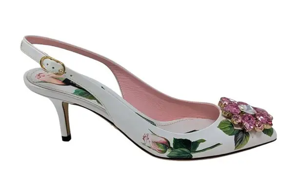 Dolce & Gabbana Jeweled Bellucci Floral Print Slingback Heels White and Pink 35