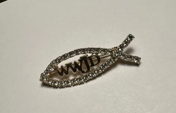 WWJD Christian Fish Symbol Rhinestone Brooch Pin Gold Tone Metal