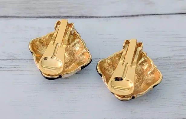 Vintage Clip On Earrings Black & Cream Checkerboard Enamel Statement