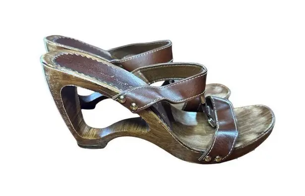 Italian Shoemakers Contesa Wood Look Wedge Brown Sandals Sz 6 Made In Italy