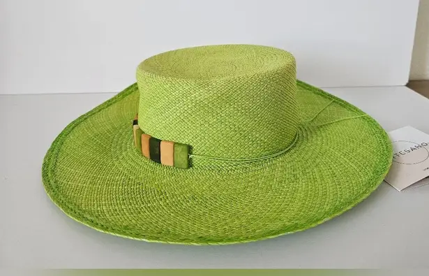 Artesano Mykonos Hat Green Yellow Straw Boater Beads Wide Brim Straw Hat