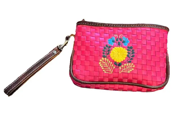 Consuela Pink Woven Large Wristlet Clutch Brown Leather Trim Embroidered Floral
