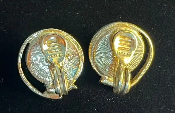 VTG Monet Earrings Clip On Gold Tone Faux Pearl Rhinestones Coquette Prom Formal