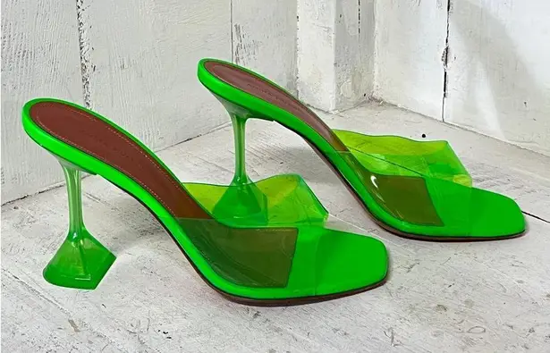 Amina Muaddi Lupita PVC Slip On Spool Heel Mules Sandal Fluo Green Women Size 40